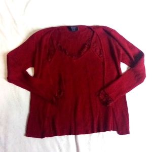 L Red Studio 1940 Ribbed Sweater Faux/Attached Cardi-Cami Duo Lace Detail